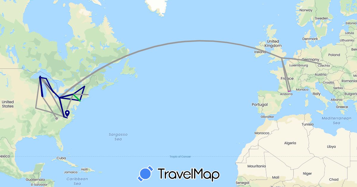 TravelMap itinerary: driving, bus, plane, train in Czech Republic, France, United Kingdom, United States (Europe, North America)